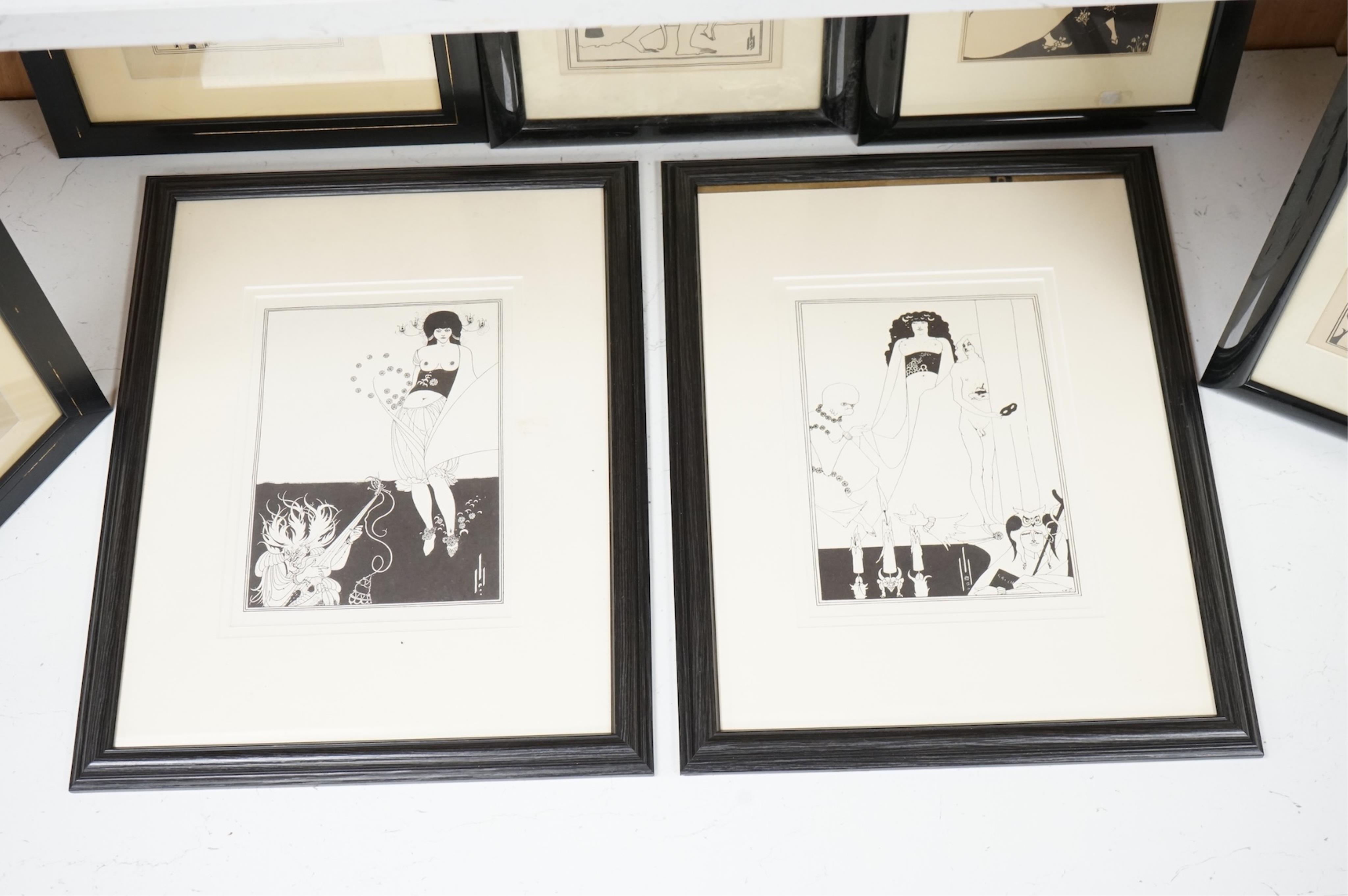 After Aubrey Beardsley (1872-1898), various scenes to include ‘Messalina’ and 'The Stomach Dancer', unsigned, eight prints, largest 24 x 17cm